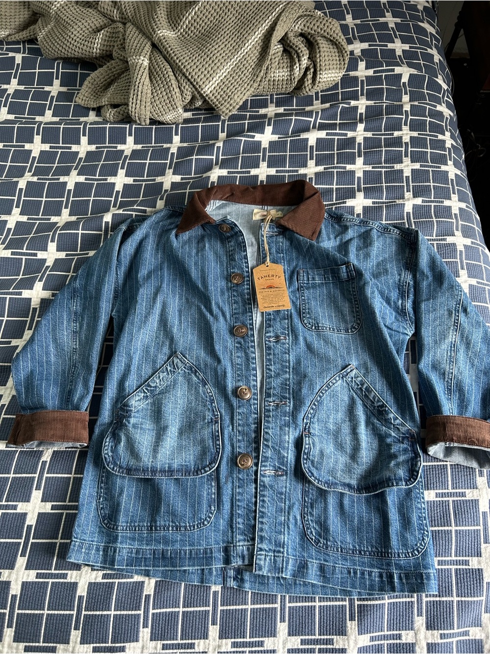 Faherty Blue Denim Jean Jacket with Brown Corduroy Collar
